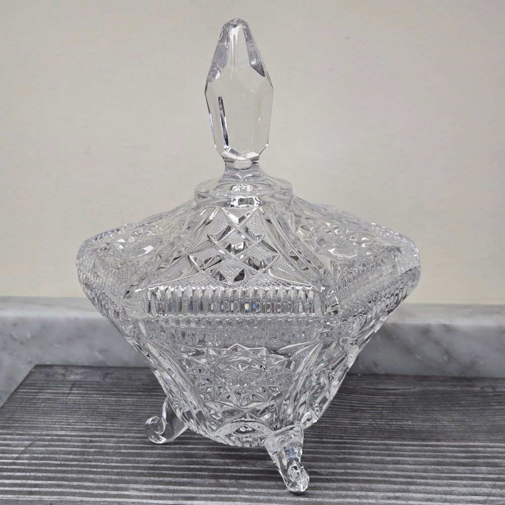 Vintage Hexagonal Cut Lead Crystal Lidded Candy Dish 3 Footed Compote Finial Top